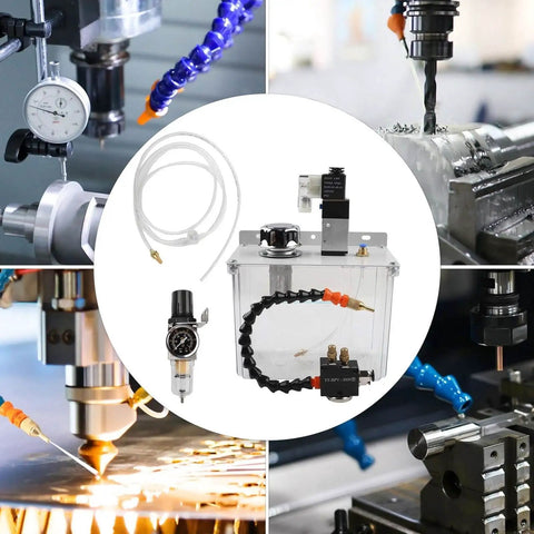 3L CNC Lubrication Spray for Metalworking Machines, oil mist sprayer system with PVC and metal construction shown in various machine settings