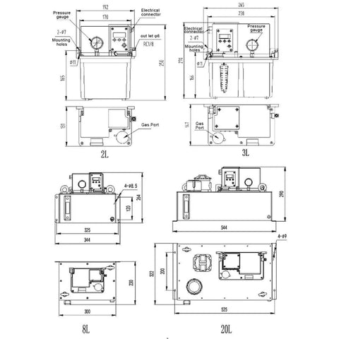 Technical drawing showing various dimensions of an Auto Lubrication System for CNC Milling Machines, 24V Electric Oil Pump