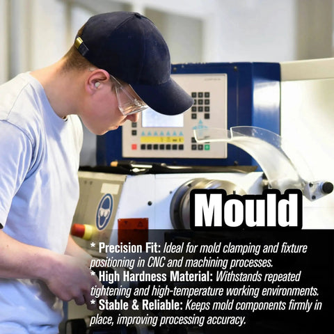 Industrial worker using CNC machine for mold clamping and fixture positioning, showcasing precision fit and high hardness material.