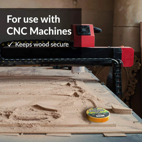 Double Sided Woodworking Tape, 2 Inch Wide, Heavy Duty Adhesive For CNC Machines And Routing Templates shown beside CNC machine