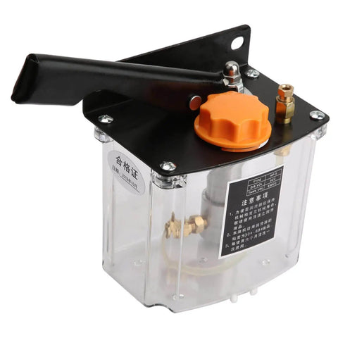 Left Hand Operated Manual Lubrication Pump For CNC Machine Tools, 650cc 4mm Piston Pump with clear container and orange handle