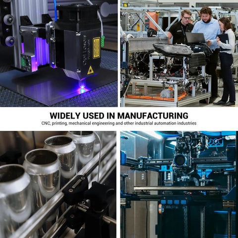 Collage of manufacturing applications with Pro Grade 4 Pack Aluminum 10mm Linear Motion Rod Support Shafts and Clamps for CNC Machines and 3D Printers
