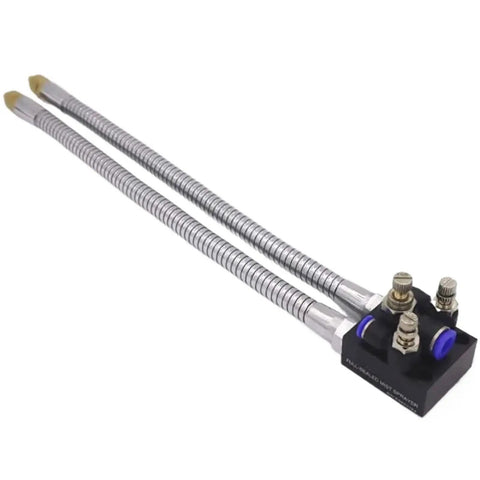 Pro Grade Mist Coolant Lubrication Spray System with two nozzle head, silver and black design, for CNC lathes and milling machines.