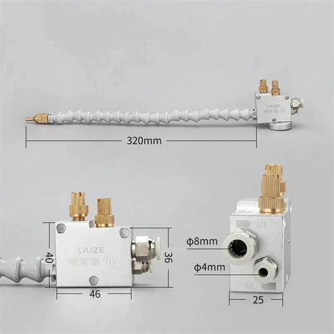 Mist Coolant Lubrication Spray System with 8mm pipe for CNC lathe milling, shown with dimensions and brass fittings.