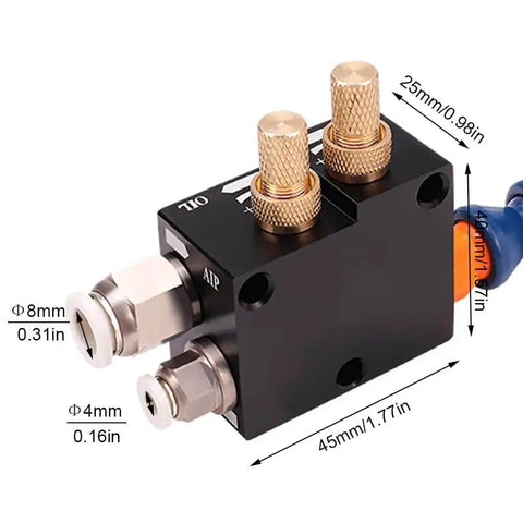 Mist Coolant Lubrication Spray System For CNC Machines And Metal Cutting With 360 Degree Adjustable Nozzle Durable POM Plastic Steel Construction Corrosion Resistant High And Low Temperature Tolerance Adjustable Oil Flow Ideal For Engraving Machines BPV, close-up with dimensions