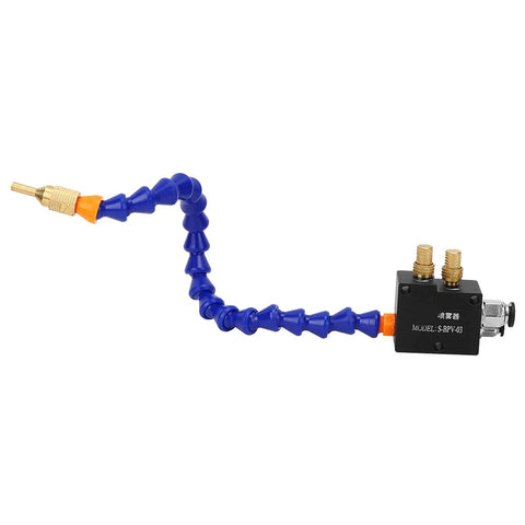 Cooling Mist Spray System For CNC Lathe And Milling Machines Water Coolant Sprayer Kit, flexible blue nozzle and connectors close-up