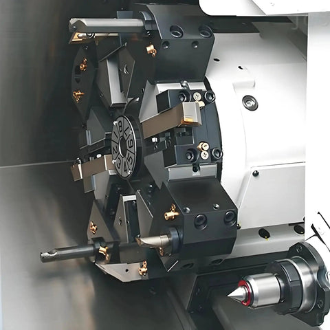CNC machine with Brass Ball CNC Nozzle 12mm Diameter, 27mm Length for high-pressure cooling, visible in tool assembly