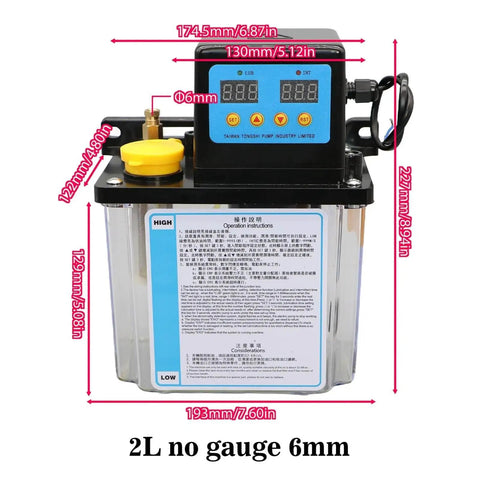 Front view of Pro Grade CNC Oil Lubrication Pump System, 2L capacity, 6mm fittings, AC 110V/220V, durable design for CNC machines.