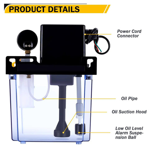 Automatic CNC Lubrication Oil Pump With Digital Display And Pressure Gauge, 110V 2L, showing oil pipe and power connector details
