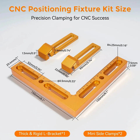 Diagram of CNC Workpiece Positioning Fixture showing L-bracket and mini side clamps with dimensions for T slot tables.