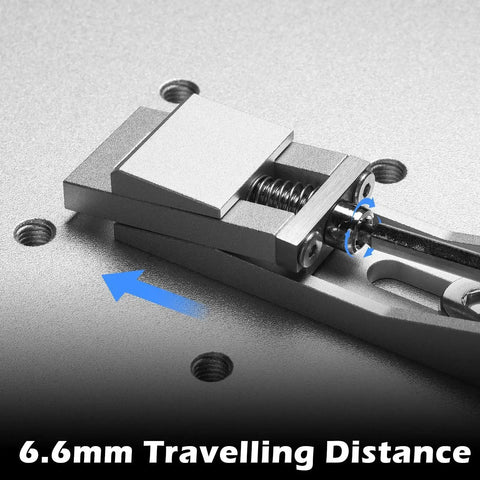 Close-up of Low Profile CNC Router Vise Clamp for Large Woodworking and Metalworking Projects Genmitsu Compatible, showing travel distance