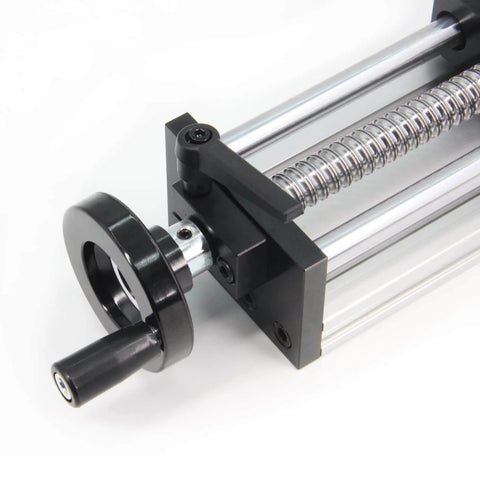 Close-up of a 200mm effective travel length double optical axis guide ballscrew sfu1605 with hand crank for CNC DIY projects.
