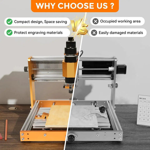 Comparison of compact CNC routers showcasing Tiger Claw Aluminum CNC Clamp for 3018 Pro Max and 3018 Pro Ultra with low profile side clamps.