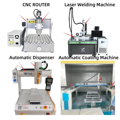 CNC router, laser welding machine, automatic dispenser, and automatic coating machine displayed together