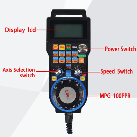 Six Axis USB Wired Mach3 Handwheel MPG for CNC with display LCD, power switch, axis selection, speed switch, remote control dial.