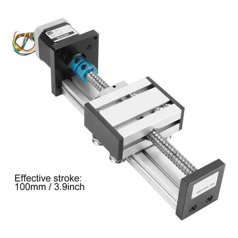 Automatic ball screw linear CNC slide table with stepper motor, 100mm stroke aluminum actuator for industrial automation.