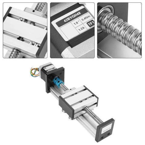 Automatic ball screw linear CNC slide table with stepper motor, 100mm stroke aluminum actuator stage, close-up and full view
