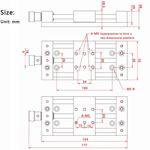 Technical diagram of CNC Sliding Table, X/Y Axis Linear Stage Actuator, 75mm Stroke Manual Linear Position Stage with Ruler and Base.