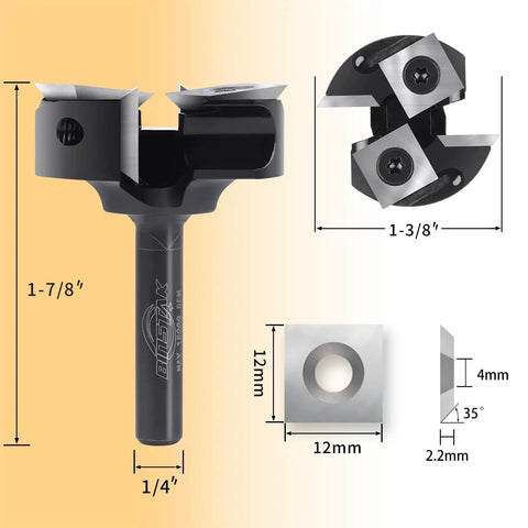 CNC Spoilboard Surfacing Router Bit with 1/4 Inch Shank, 1-3/8 Inch Cutting Diameter, showing carbide inserts and dimensions