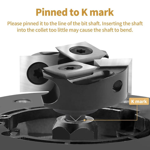 CNC Spoilboard Surfacing Router Bit With 1/4 Inch Shank And 1-3/8 Inch Cutting Diameter 2 Plus 2 Insert Carbide Wood Planer Bit shown with K mark positioning