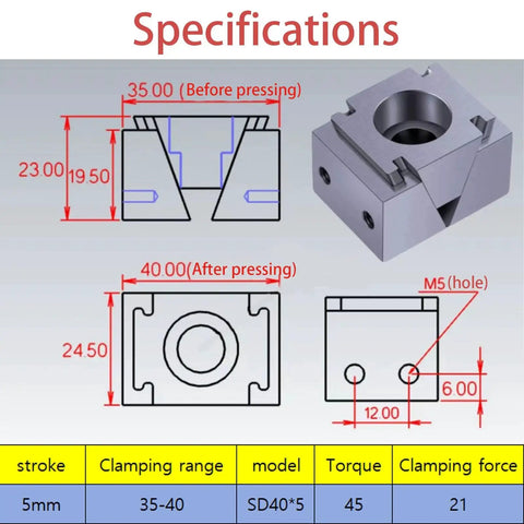 Specifications of Heavy Duty 2 Pack CNC Stop Block Kit With Push And Pull Action Cam Clamps, showing dimensions and features.
