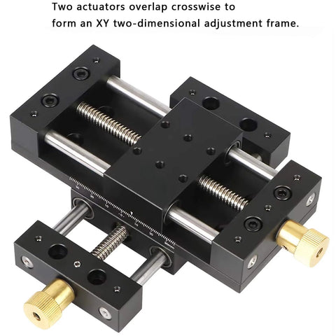 CNC Sliding Table, X/Y Axis Linear Stage Actuator, 75mm Stroke, Aluminum Alloy, Linear Rail Ballscrew with brass knobs, top view