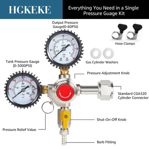 Beefy Draft Beer Regulator With 60 PSI Output dual stage for home kegerator shown with pressure gauges, red knob, and gas output switch.