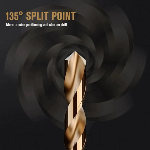 Close-up of drill bit tip with 135° split point, ideal for precise drilling in Cobalt Drill Bit Set 115 Piece M35 High Speed Steel For Hardened Metals Stainless Steel Cast Iron Wood And Plastics With Metal Index Storage Box Includes Fractional Sizes One Sixteenth To One Half Inch And Letter Sizes A To Z And Numbered Sizes One To.