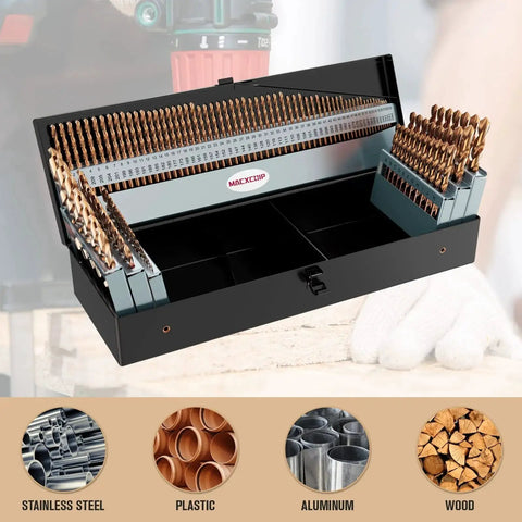 Cobalt Drill Bit Set 115 Piece M35 High Speed Steel For Hardened Metals Stainless Steel Cast Iron Wood And Plastics with Storage Box