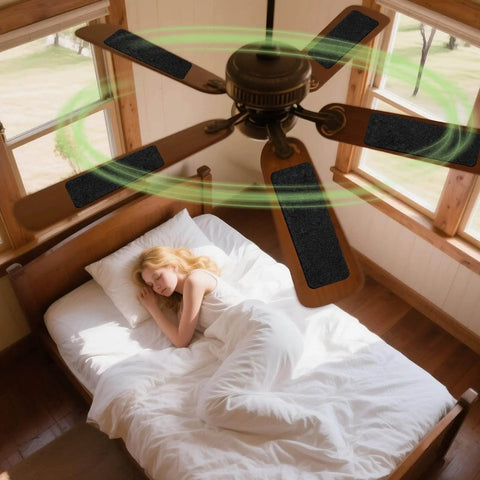 Ceiling fan with 10 Pcs Activated Coconut Shell Carbon Ceiling Fan Filters For Blades, Unscented Air Purifier Pads, installed in bedroom.