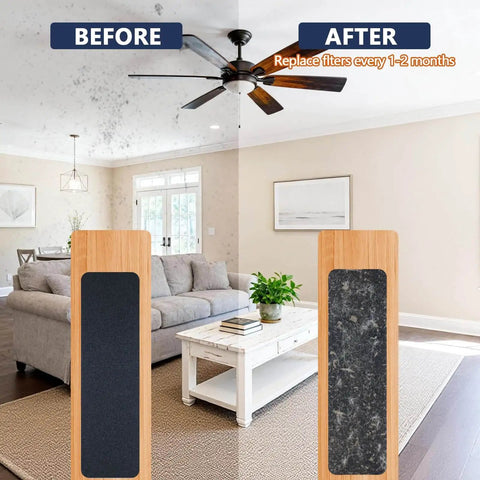 Living room with ceiling fan using 10 Pcs Activated Coconut Shell Carbon Ceiling Fan Filters For Blades, showing before and after filter effect.
