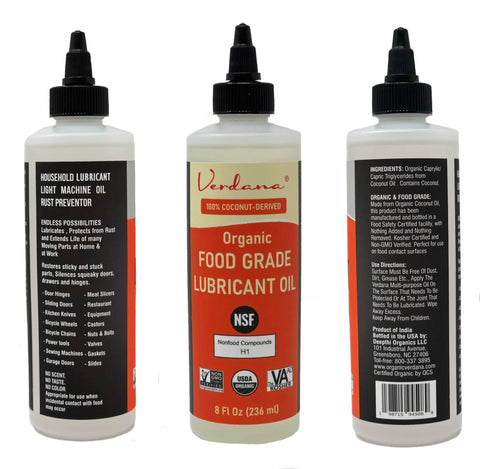 Front and side view of Food Grade Pro Grade Lubricant Oil For Food Equipment With NSF H1 Certification, 8 oz bottle