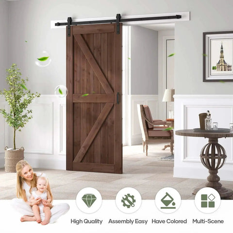 36x80 Inch Sliding Barn Wood Door Slab With 6.6ft Hardware Kit And Handle In Coffee Finish, K Shape Design installed in living room