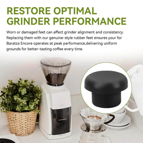 Coffee Grinder Rubber Feet Bumpers Replacement Four Pack For Encore Coffee Grinders Anti Slip Shock Absorption Pads For Stable Grinding Noise Reduction And Machine Protection shown with coffee grinder and rubber foot in close-up.