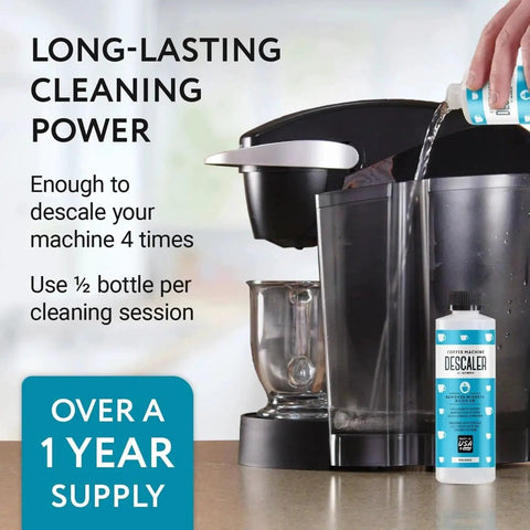 Two Pack Universal Coffee Descaler for All Machines Including Keurig Nespresso Delonghi and Other Single Serve Coffee and Espresso Makers Made in USA 8 oz bottles providing four descale sessions to remove mineral buildup and residue.