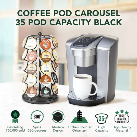 Rotating Coffee Pod Carousel For K Cups Holds 35 Pods Spins 360 Degrees Lazy Susan Platform Black Finish with Coffee Maker