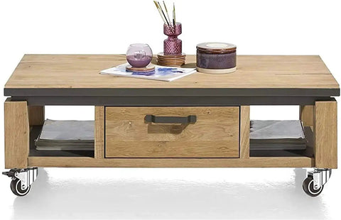 Wooden coffee table on 1-Inch Small Caster Wheels With 2 Brakes, Low-Profile Silent Cart Casters, easy to maneuver.
