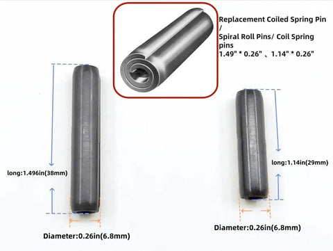 Heavy Duty Coiled Spring Roll Pins Set For Cub Cadet Lawn Tractors with long and short pins displayed, sizes 0.26in diameter, 1.49in and 1.14in long