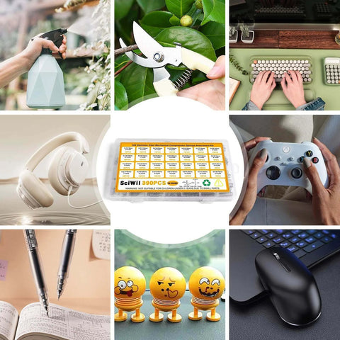 Collage of household and tech items including gardening tools, keyboard, headphones, electronic kit, gaming controller, pens, emoji toys, mouse.