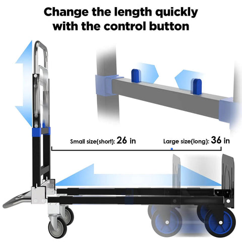 3 In 1 Collapsible Heavy Duty Hand Truck Dolly Cart With Wheels And Straps Folding Two Or Four Wheel Convertible Carrier Portable Adjustable Load Cart For Boxes Cartons And Shopping Handles Up To 500 Lbs in adjustable mode showing different length options with wheels visible