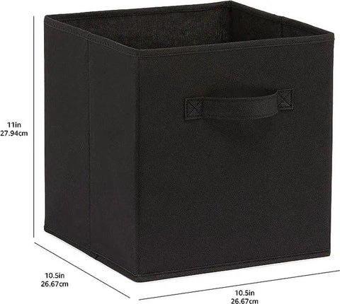 Six collapsible fabric storage bin with sturdy handle for shelves, measuring 10.5 x 10.5 x 11 inches, shown in side view