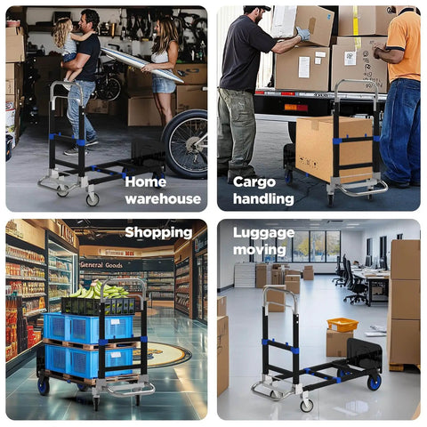 Collage showing 3 In 1 Collapsible Heavy Duty Hand Truck Dolly Cart With Wheels And Straps in various uses: warehouse, cargo, shopping, office.