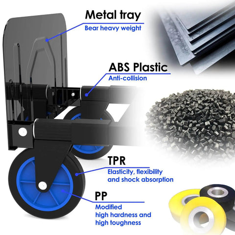 Close-up of materials used in 3 In 1 Collapsible Heavy Duty Hand Truck Dolly Cart With Wheels And Straps Folding Two Or Four Wheel Convertible Carrier Portable Adjustable Load Cart For Boxes Cartons And Shopping Handles Up To 500 Lbs, including metal tray, ABS plastic, TPR, and PP components.