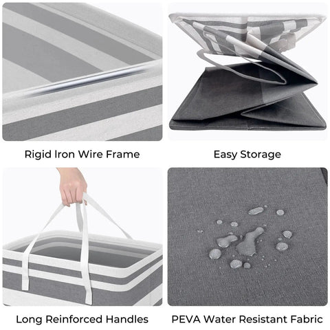 Close-up of grey collapsible laundry hampers showcasing reinforced handles, waterproof fabric, and freestanding design.