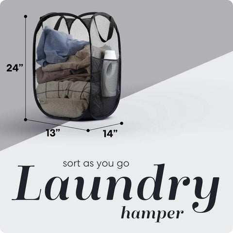 Collapsible Mesh Pop Up Hamper With Wide Opening And Side Pocket Breathable Sturdy Foldable Space Saving Design For Clothes