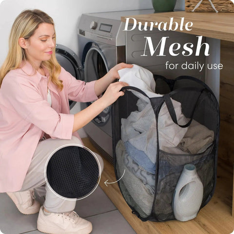 Collapsible Mesh Pop Up Hamper With Wide Opening And Side Pocket Breathable Sturdy Foldable Space Saving Design for laundry