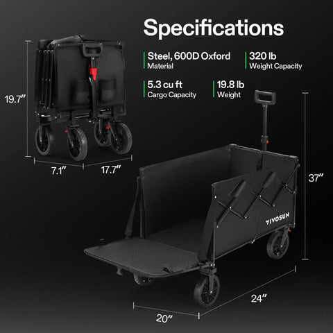 Collapsible Wagon With Tailgate For Camping And Outdoors, 320 Lb Load Capacity, All Terrain Wheels, Adjustable Handle, Pet Friendly