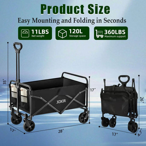 Collapsible Wagon Cart Foldable 120L 360Lb Load Capacity Lightweight Beach Wagon shown unfolded and folded with dimensions