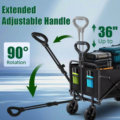 Collapsible Wagon Cart Foldable 120L 360Lb Load Capacity Lightweight Beach Wagon with adjustable handle extended to 36 inches