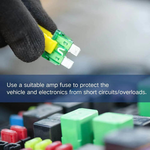Close-up of gloved hand holding blade fuses from 80 Piece Car Fuse Kit With Common 1A 3A 5A 10A 15A 20A 30A 40A Blade Fuses For Car Truck RV Marine And Auto Accessories Easy Identification With Color Coded Transparent Cover And Durable Zinc Alloy Case.